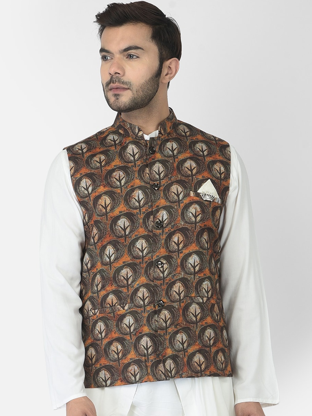 

DEYANN Men Brown Printed Woven Nehru Jackets