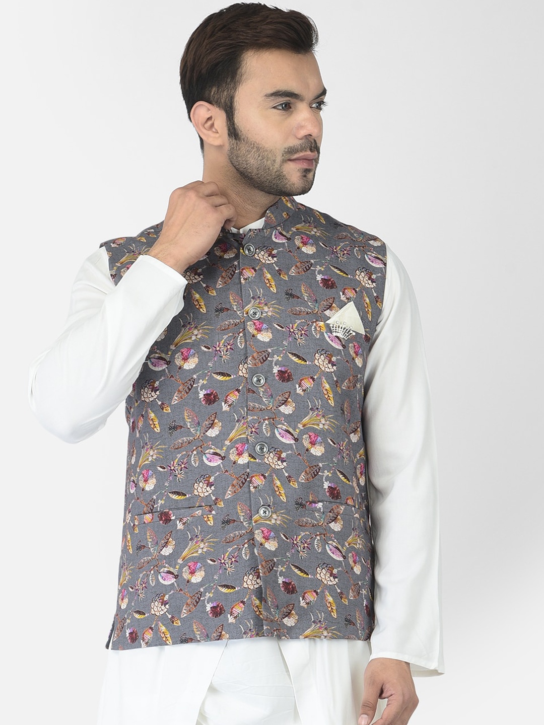 

DEYANN Men Grey Floral Printed Nehru Jacket