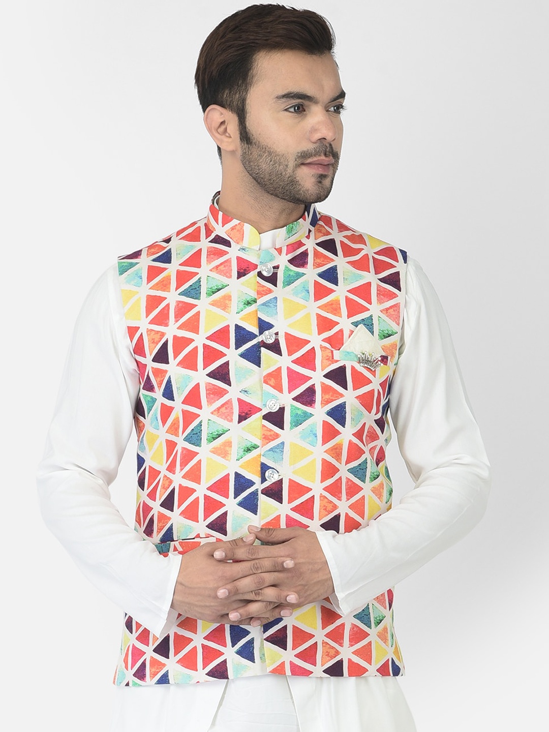 

DEYANN Men White & Orange Printed Woven-Design Nehru Jackets