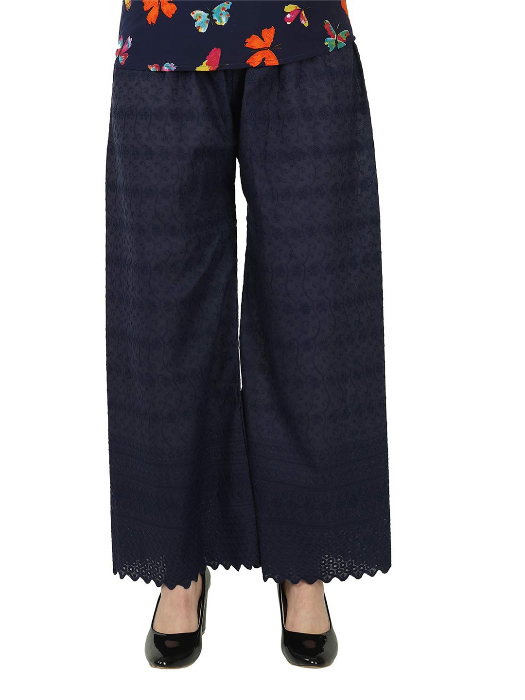 

Trendzmy Women Navy Blue & Orange Embroidered Flared Handloom Palazzos