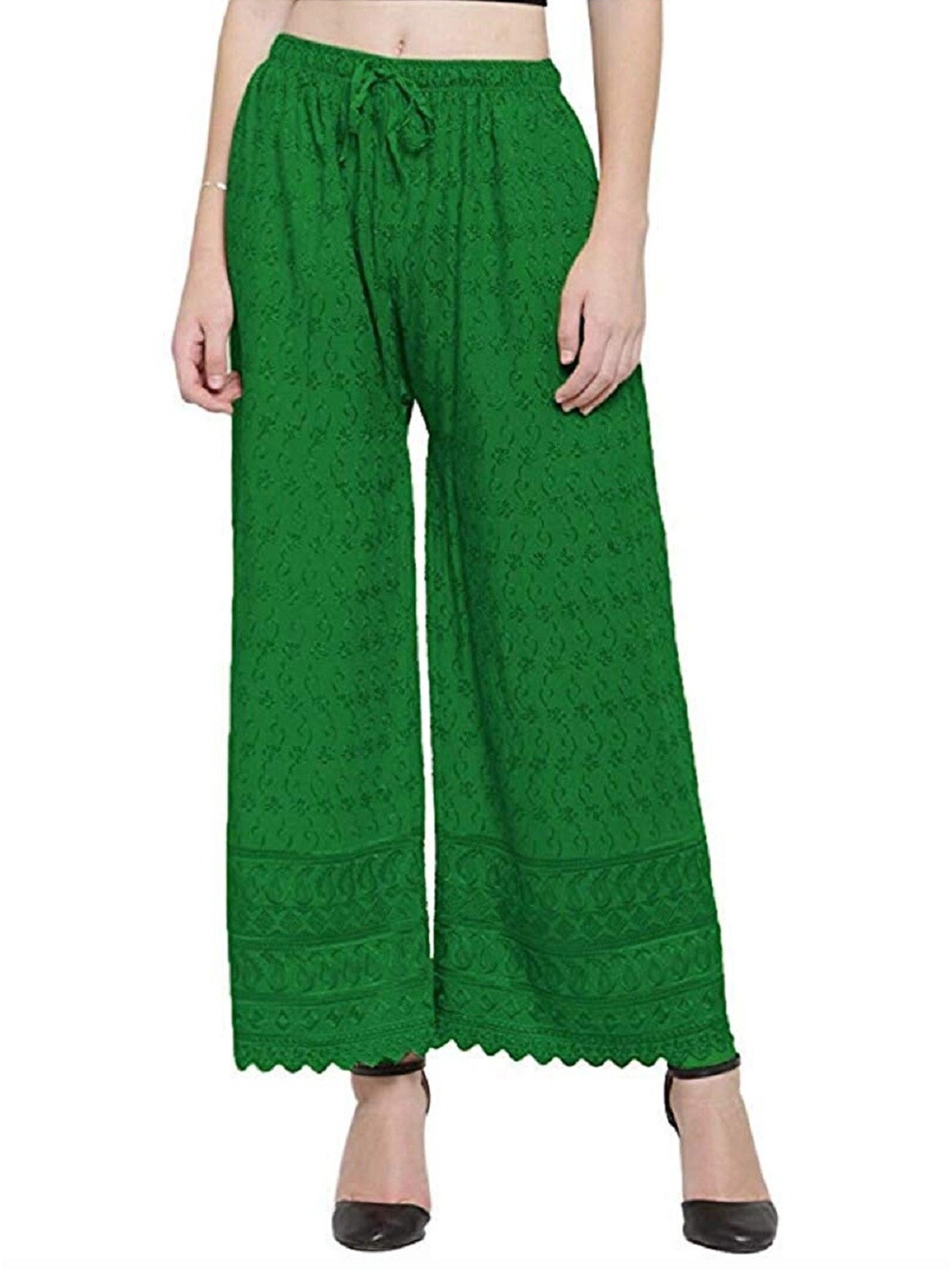 

Trendzmy Women Green Floral Embroidered Flared Handloom Palazzos