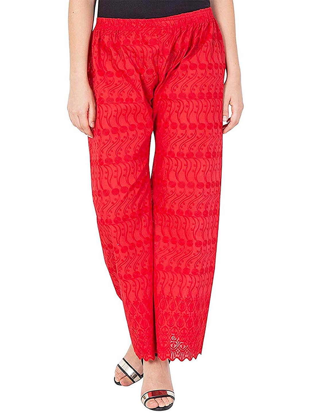 

Trendzmy Women Red Embroidered Flared Handloom Palazzos