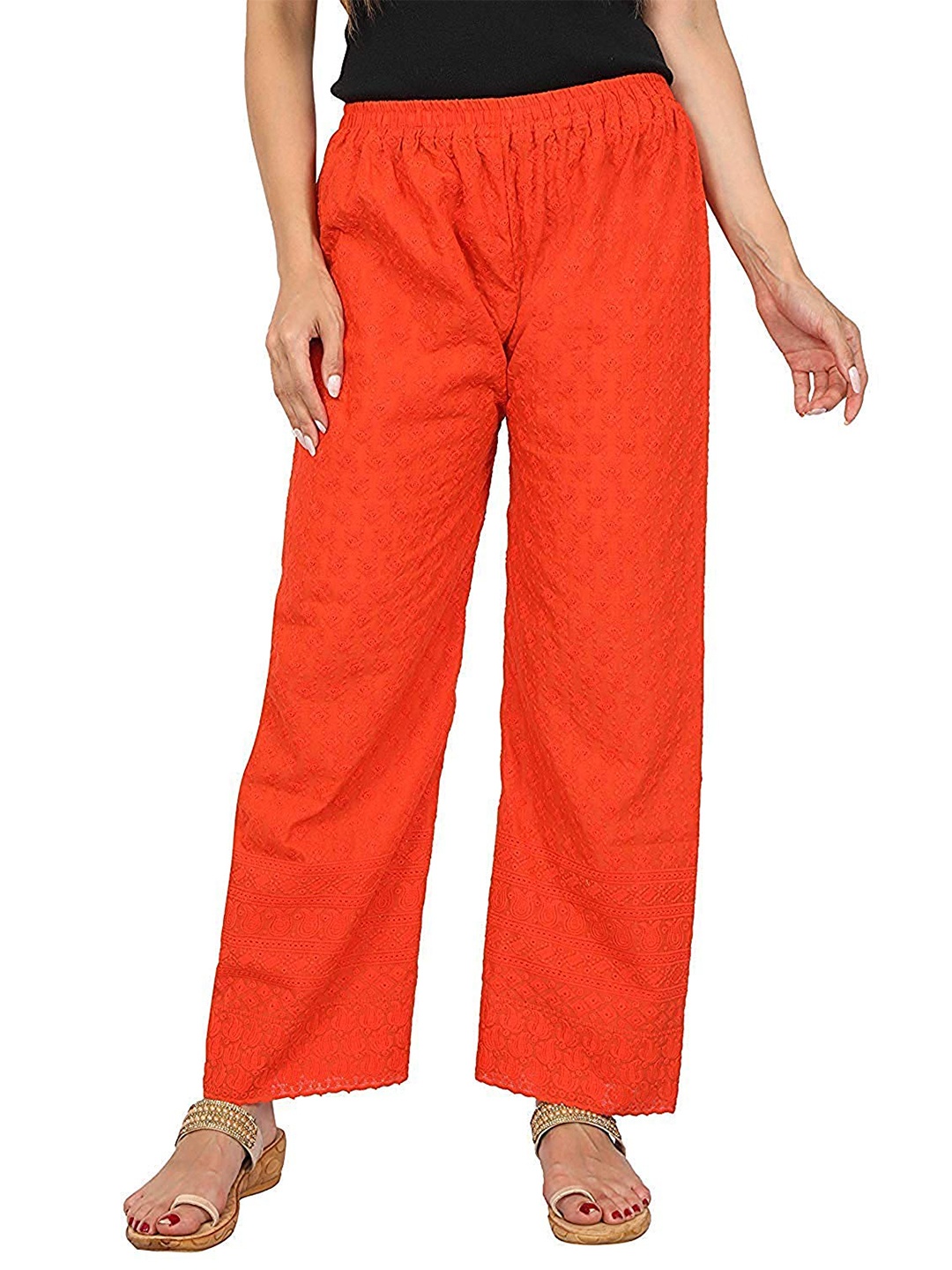 

Trendzmy Women Orange Embroidered Flared Handloom Ethnic Palazzos