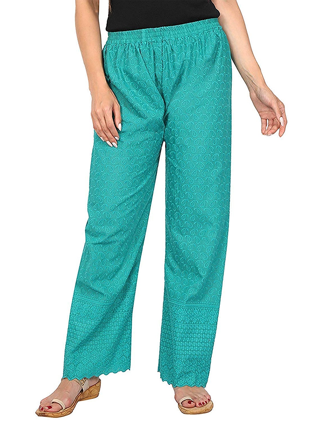 

Trendzmy Women Sea Green Floral Embroidered Flared Handloom Palazzos