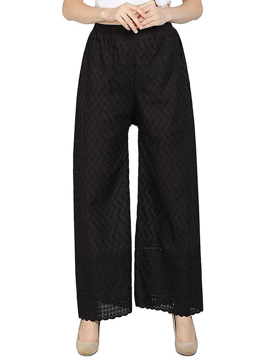 

Trendzmy Women Black Embroidered Flared Handloom Ethnic Palazzos