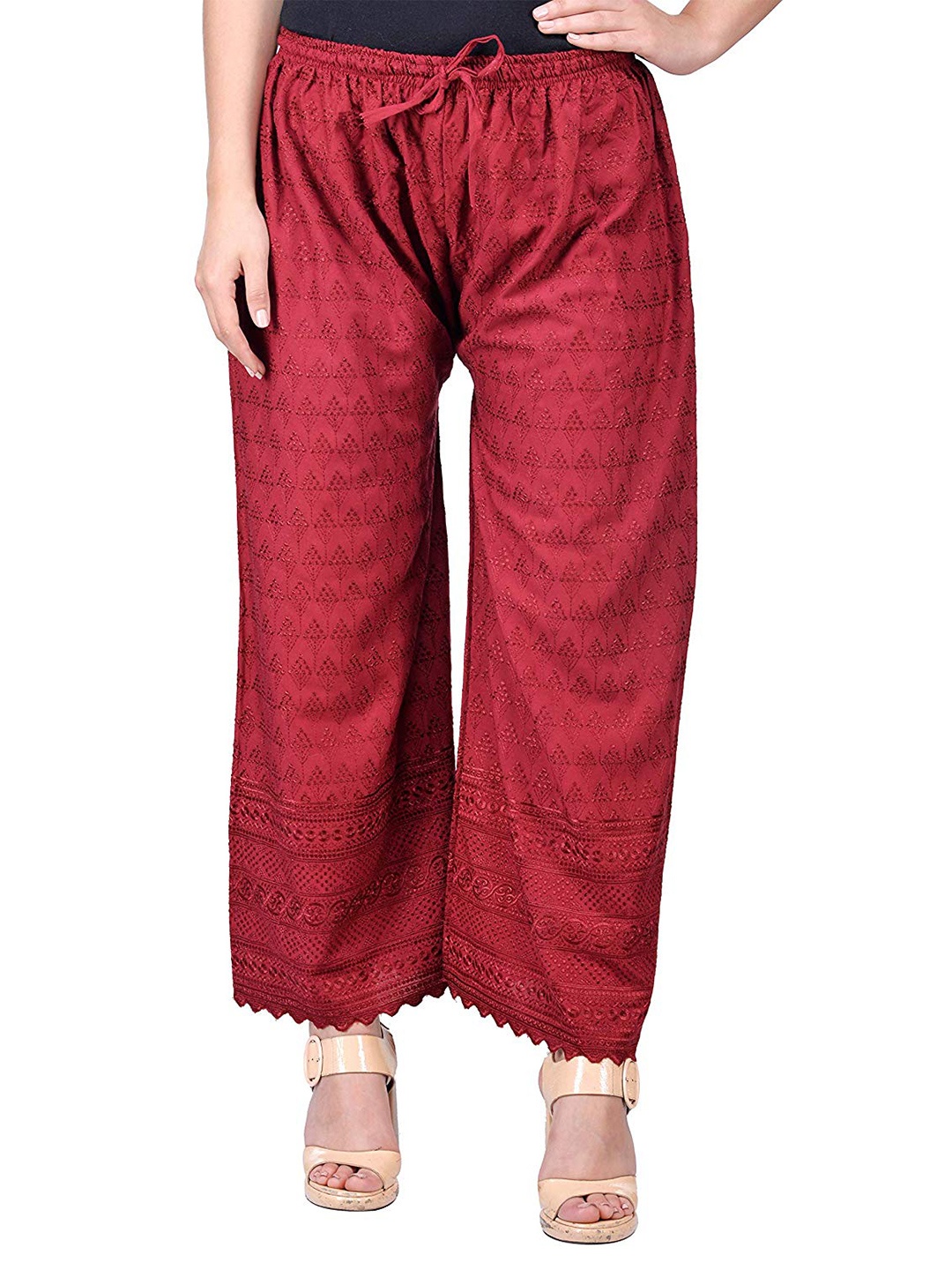 

Trendzmy Women Maroon Floral Embroidered Flared Handloom Palazzos
