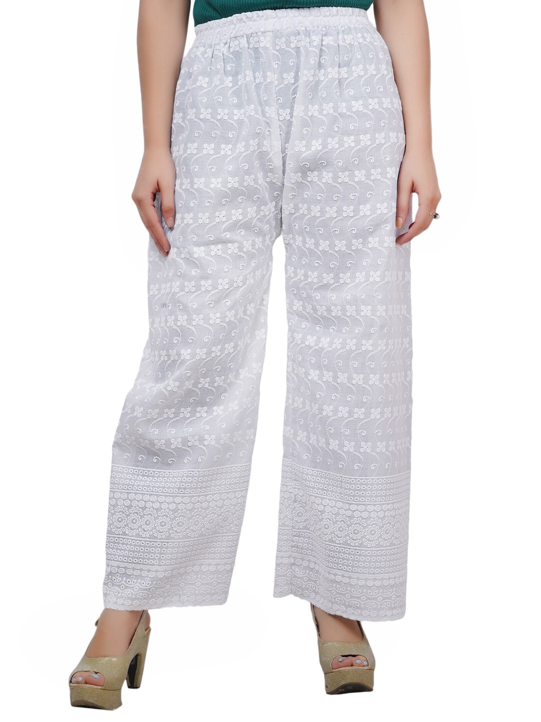 

Trendzmy Women White Embroidered Flared Handloom Ethnic Palazzos