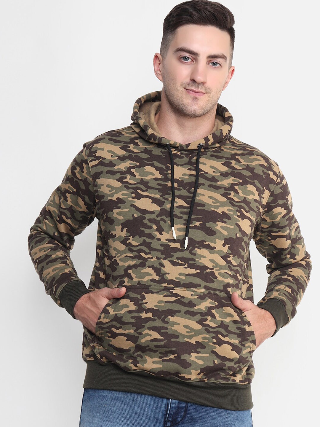 

PockMAN Men Green Printed Hooded Sweatshirt