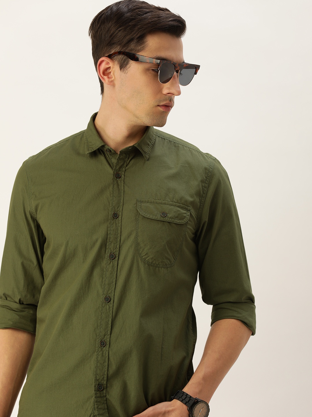 

Peter England Casuals Men Olive Green Super Slim Fit Casual Shirt