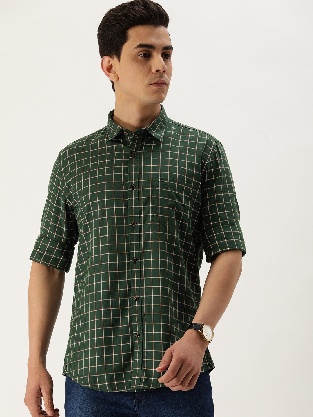 

Peter England Casuals Men Green & Red Slim Fit Grid Tattersall Checks Checked Casual Shirt