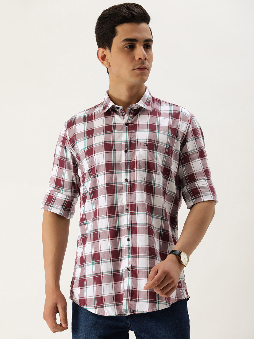 

Peter England Casuals Men Burgundy Tartan Checked Cotton Slim Fit Casual Shirt