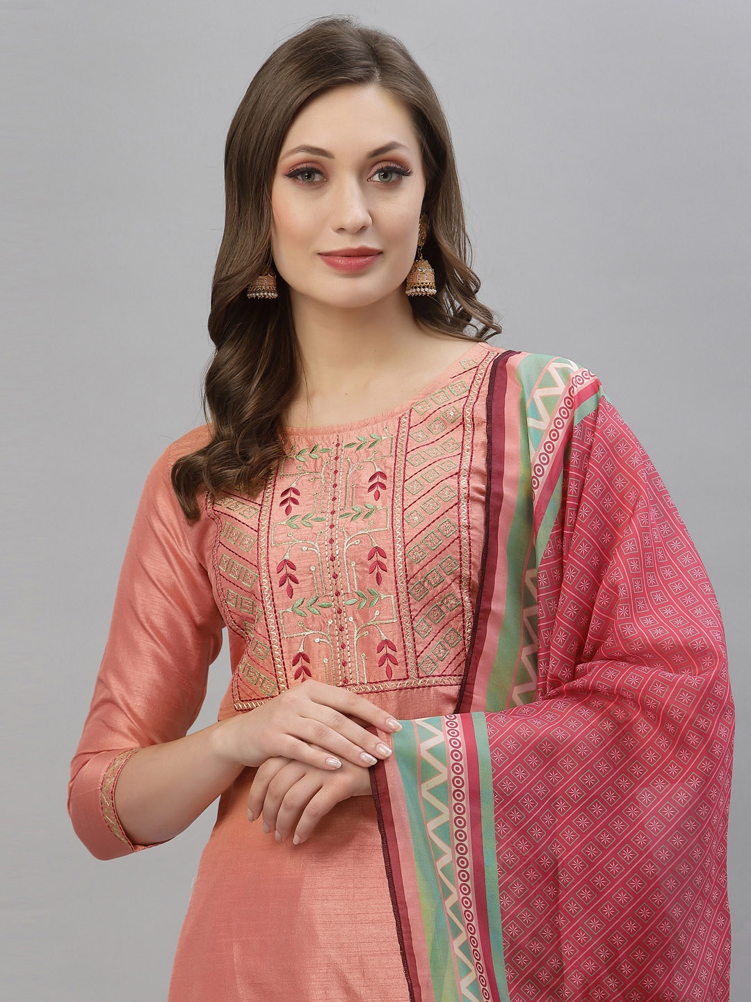 

SANISA Women Peach-Coloured Embroidered Kurta with Trousers & With Dupatta