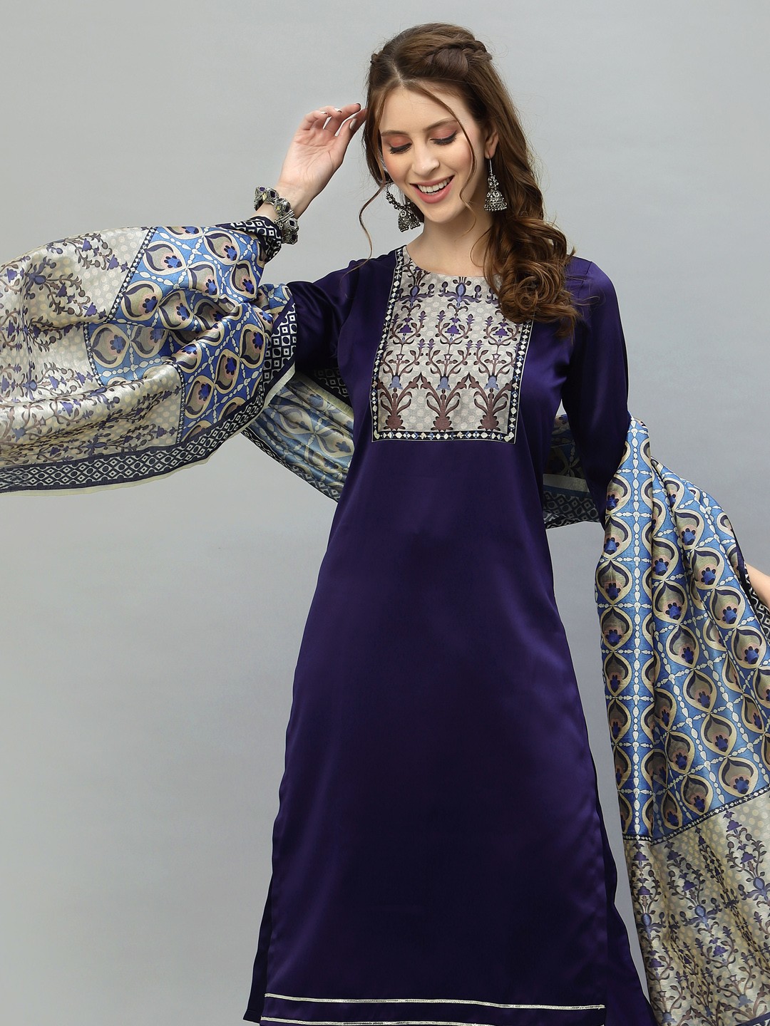 

SANISA Women Navy Blue Satin Kurta Palazzo With Dupatta