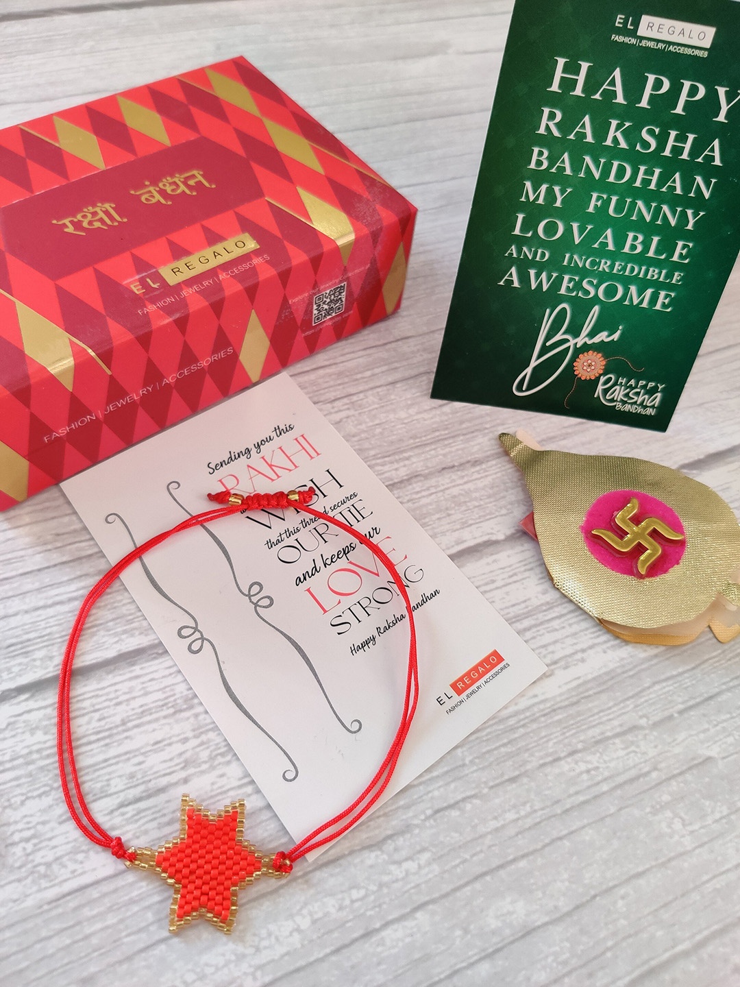 

EL REGALO Bracelet Rakhi Combo for Bhaiya With Roli Chawal Shagun and Greeting Card, Red