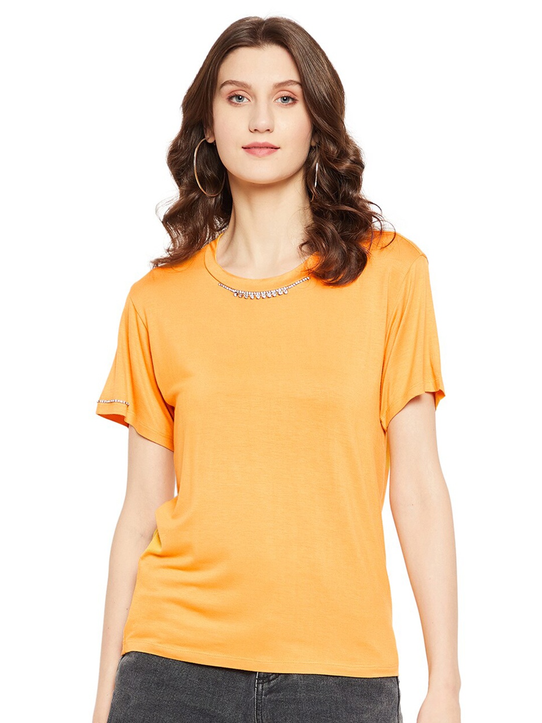 

LY2 White Orange Embellished Round Neck Regular Top