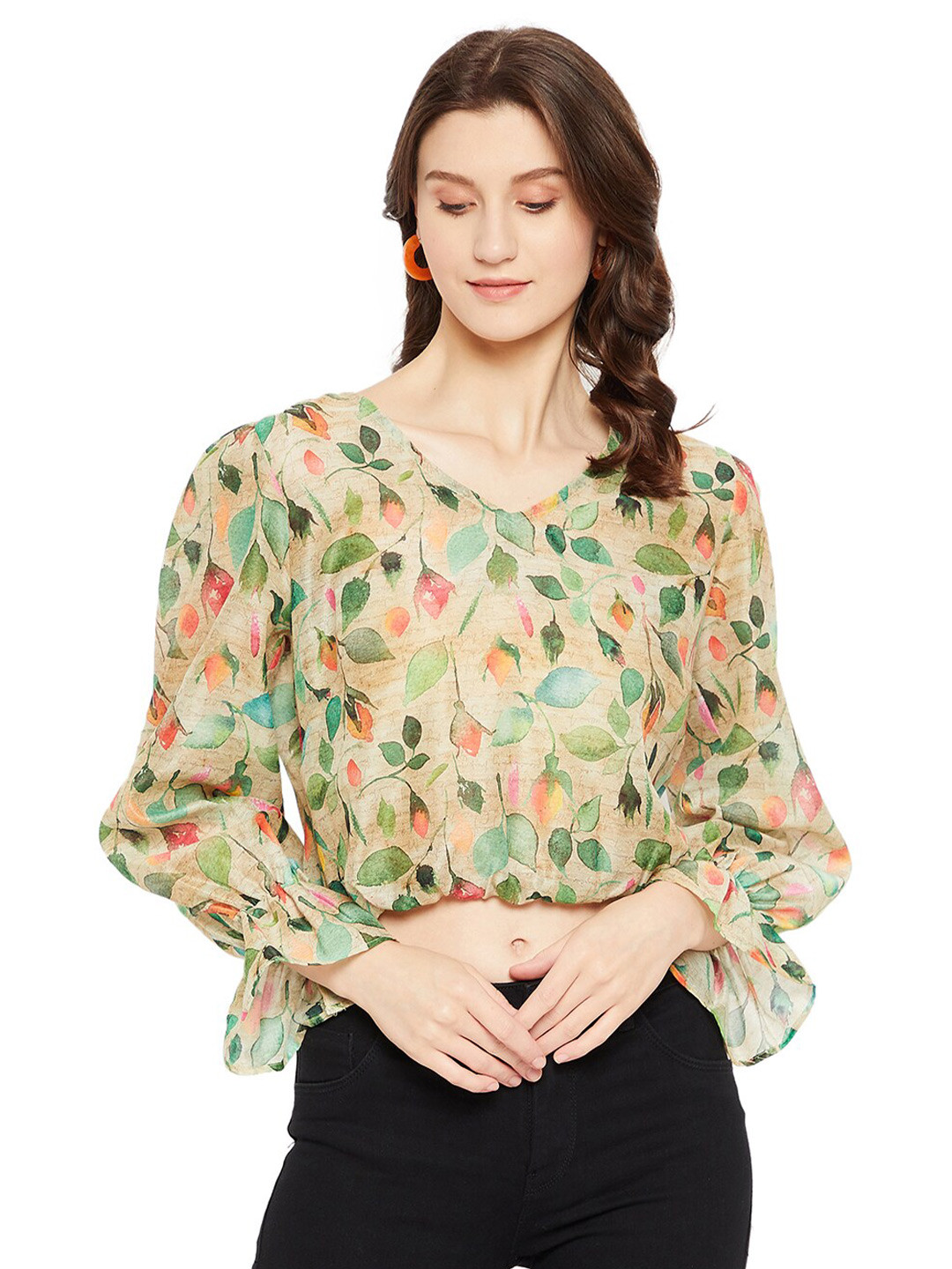 

LY2 Green Floral Print Blouson Top