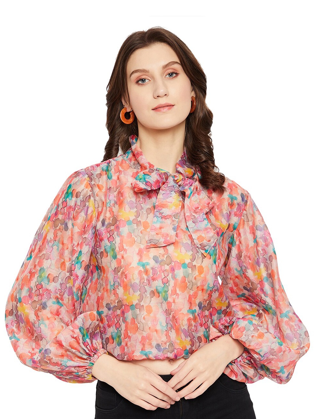 

LY2 Pink Floral Print Tie-Up Neck Bishop Sleeves Shirt Style Top