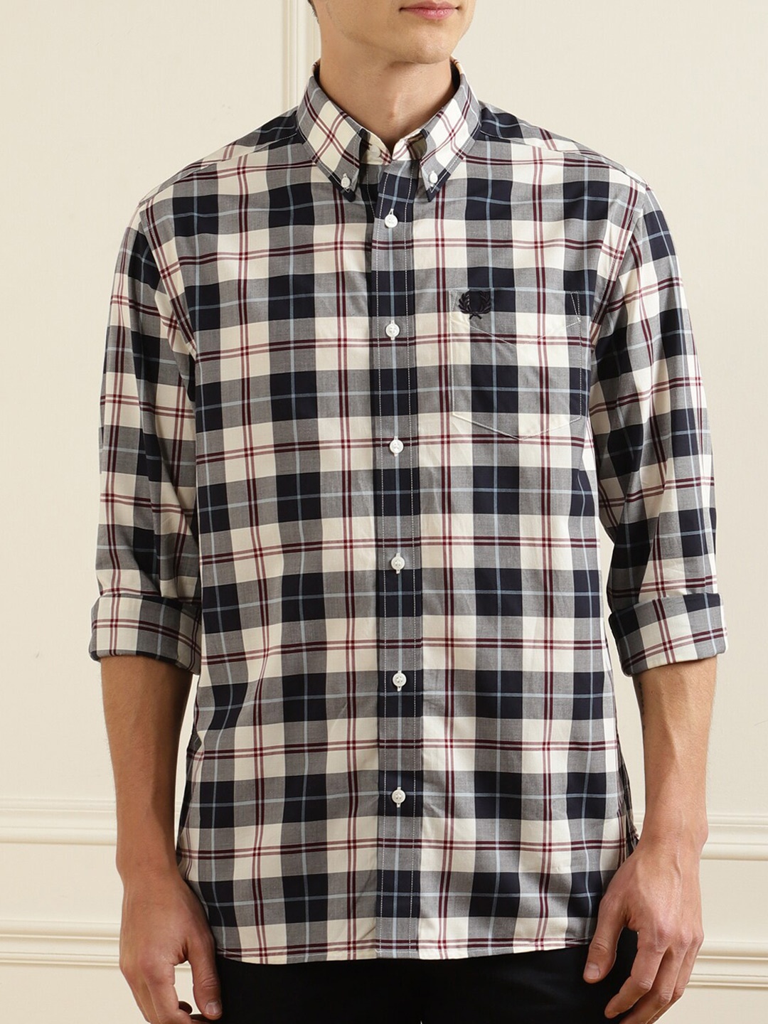 

Fred Perry Men Cream-Coloured Tartan Checks Checked Casual Shirt