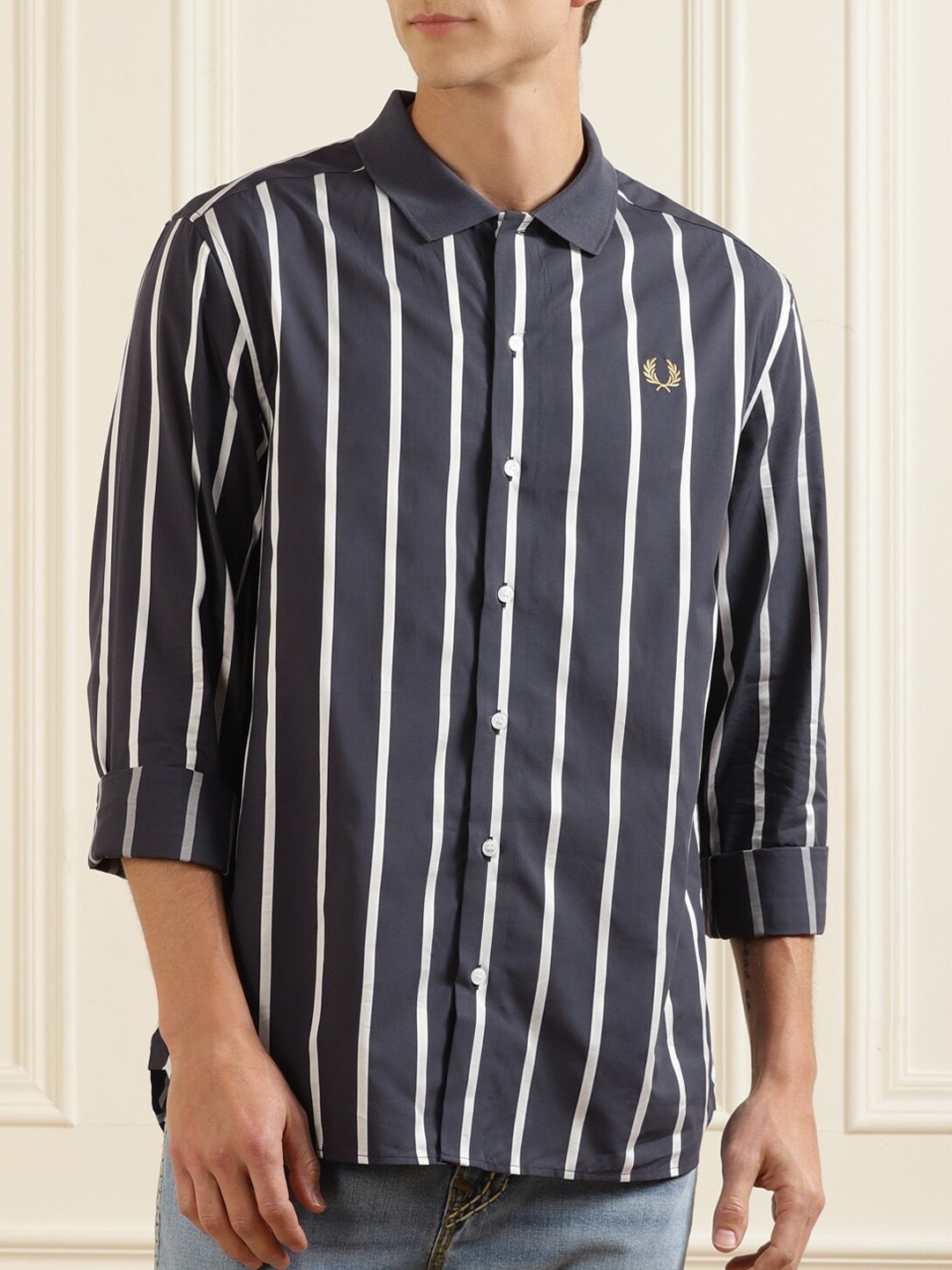 

Fred Perry Men Grey Striped Casual Shirt