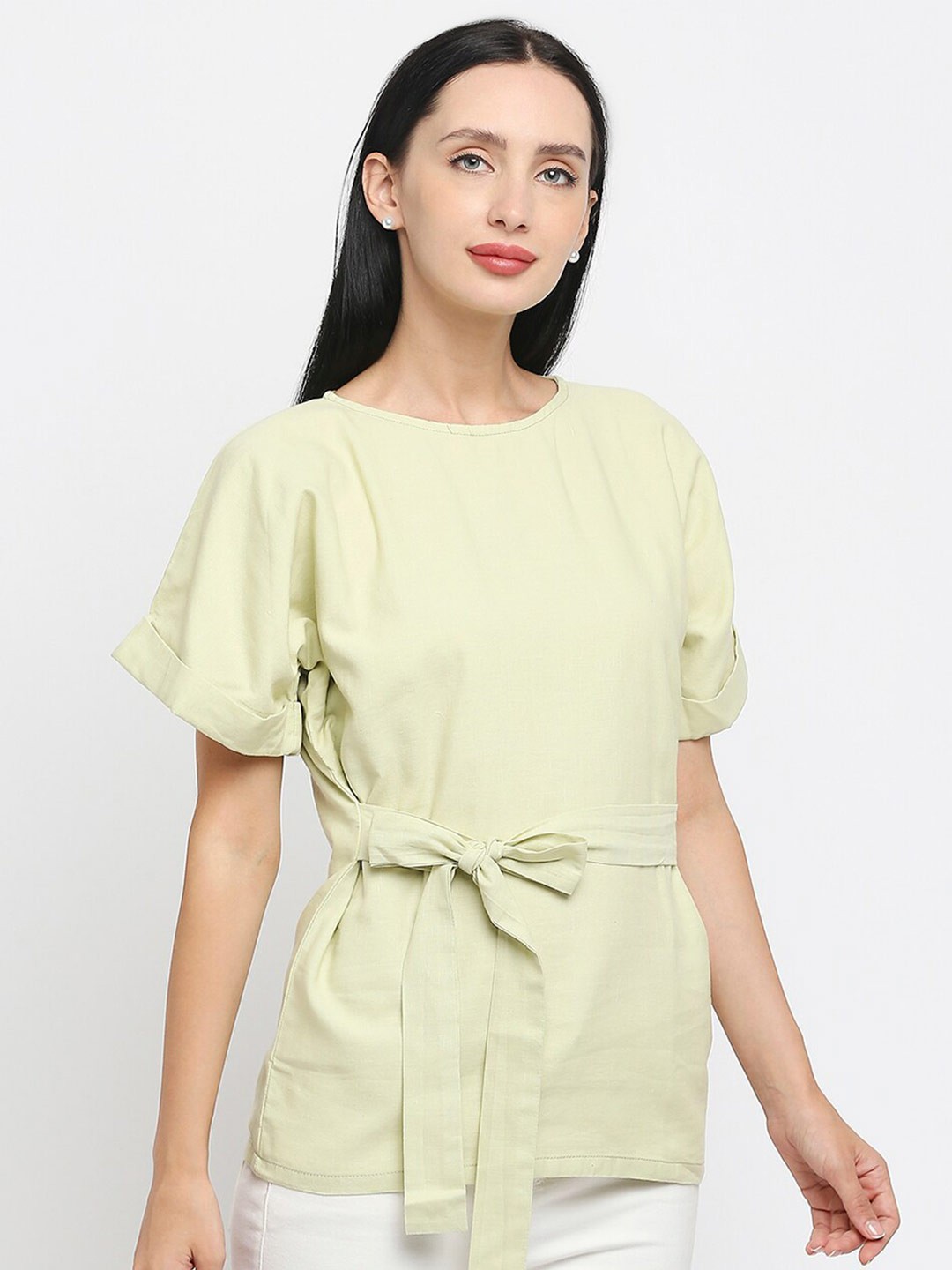 

MOD ECRU Beige & ethereal green Cinched Waist Top