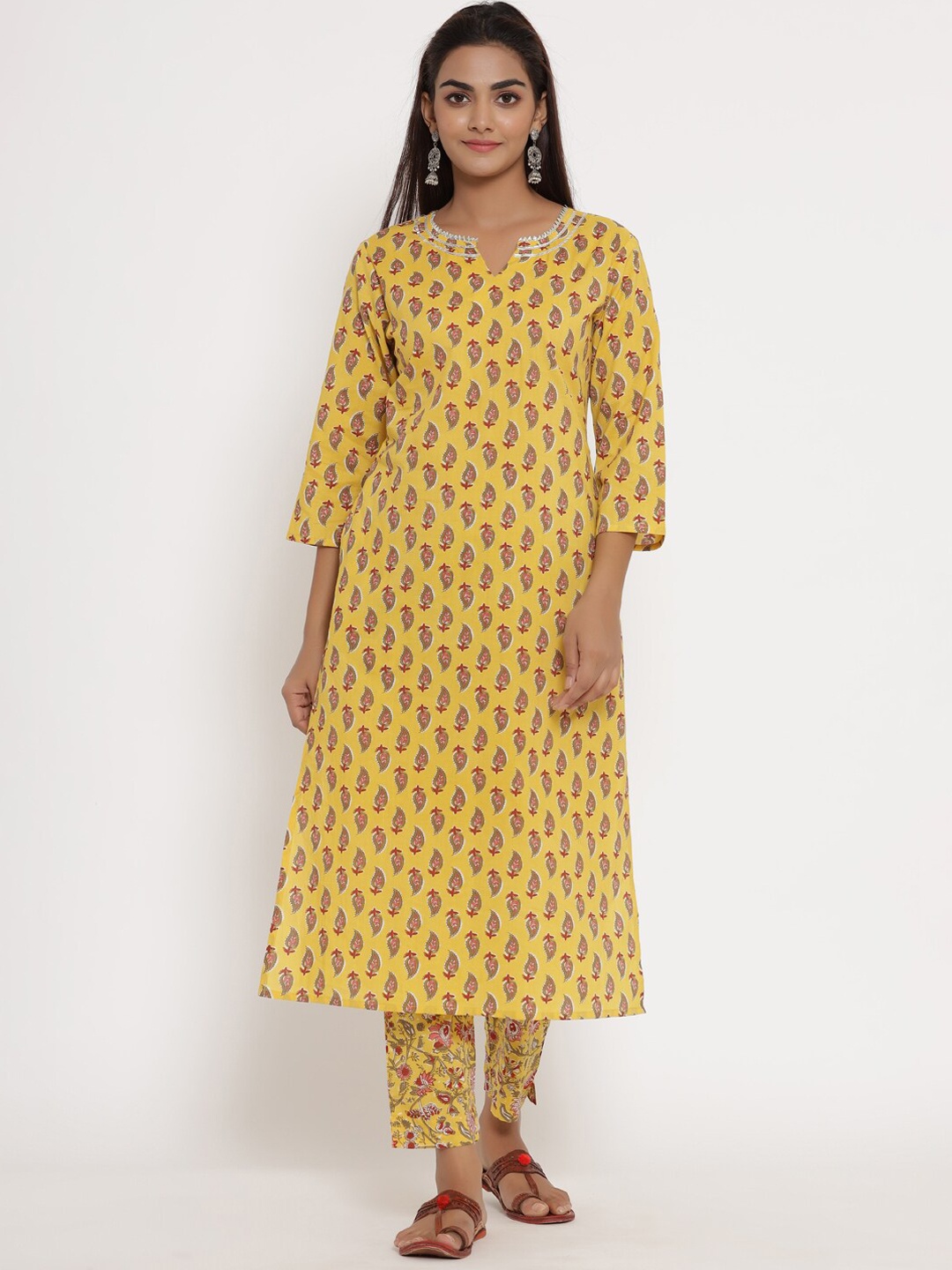 

mirari Women Mustard Yellow Ethnic Motifs Printed Pure Cotton Kurta with Trousers