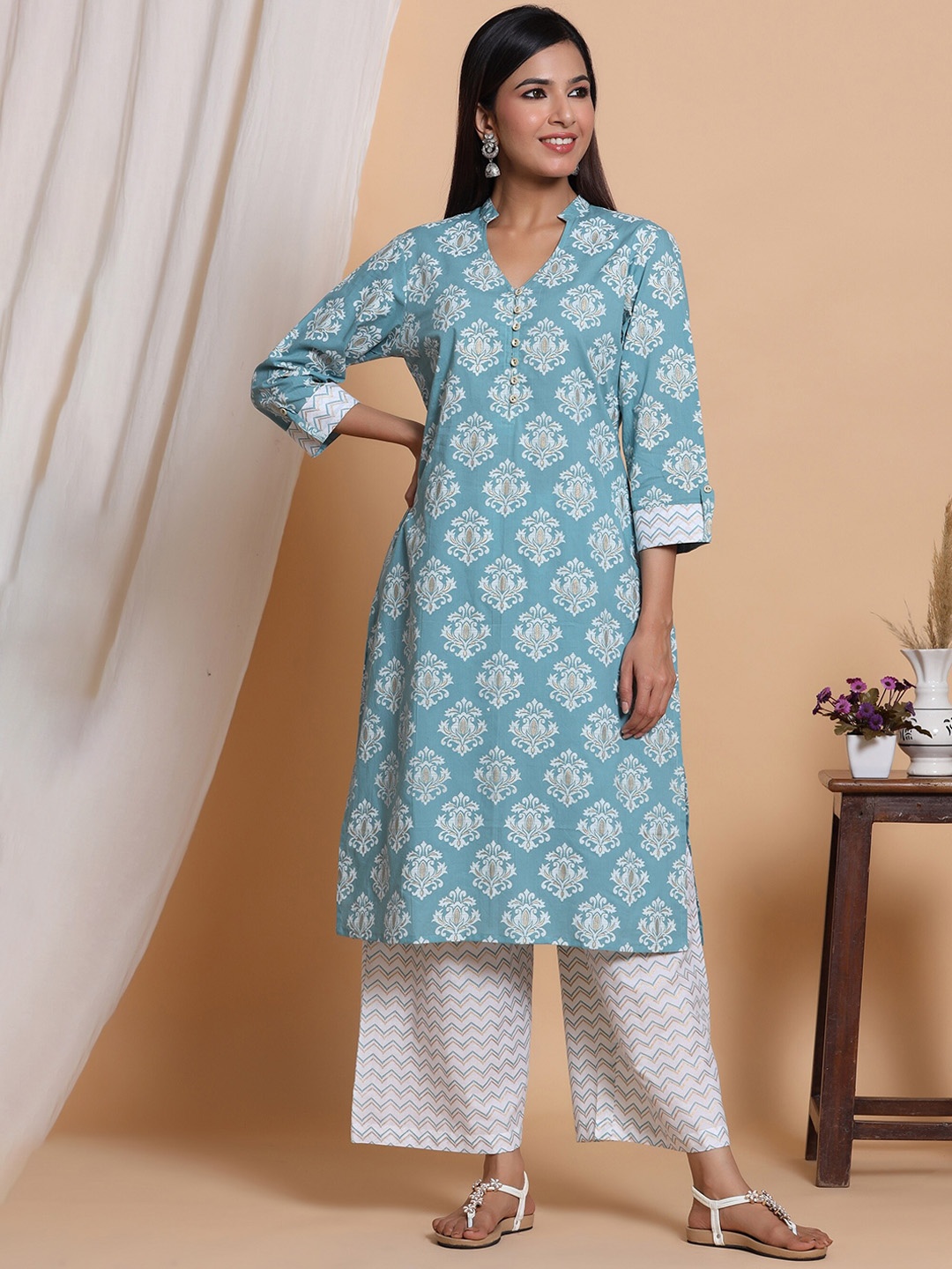 

mirari Women Teal Ethnic Motifs Printed Pure Cotton Kurta with Palazzos & With Dupatta