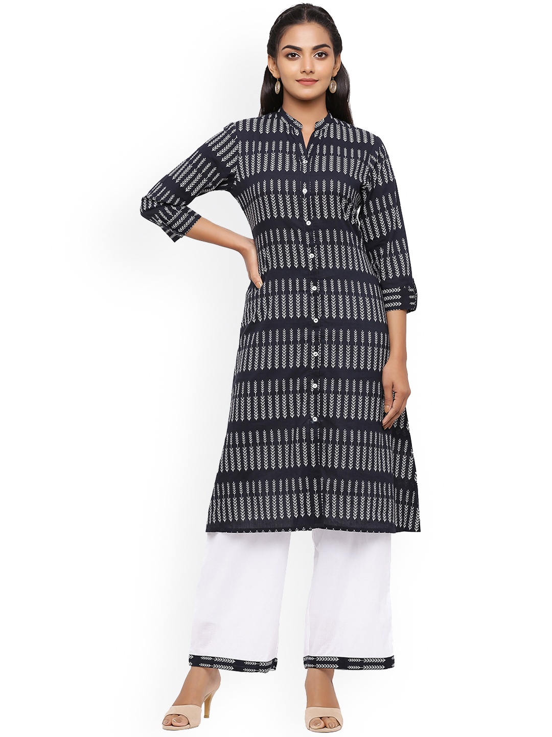 

mirari Women Black Striped Pure Cotton Kurti with Palazzos