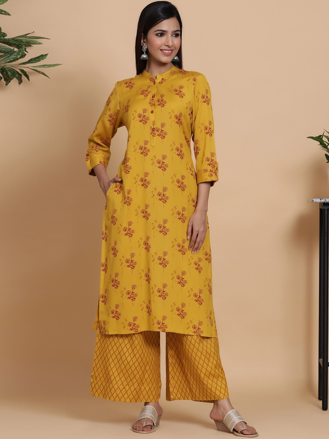 

mirari Women Mustard Yellow Ethnic Motifs Printed Panelled Pure Cotton Kurta with Palazzos