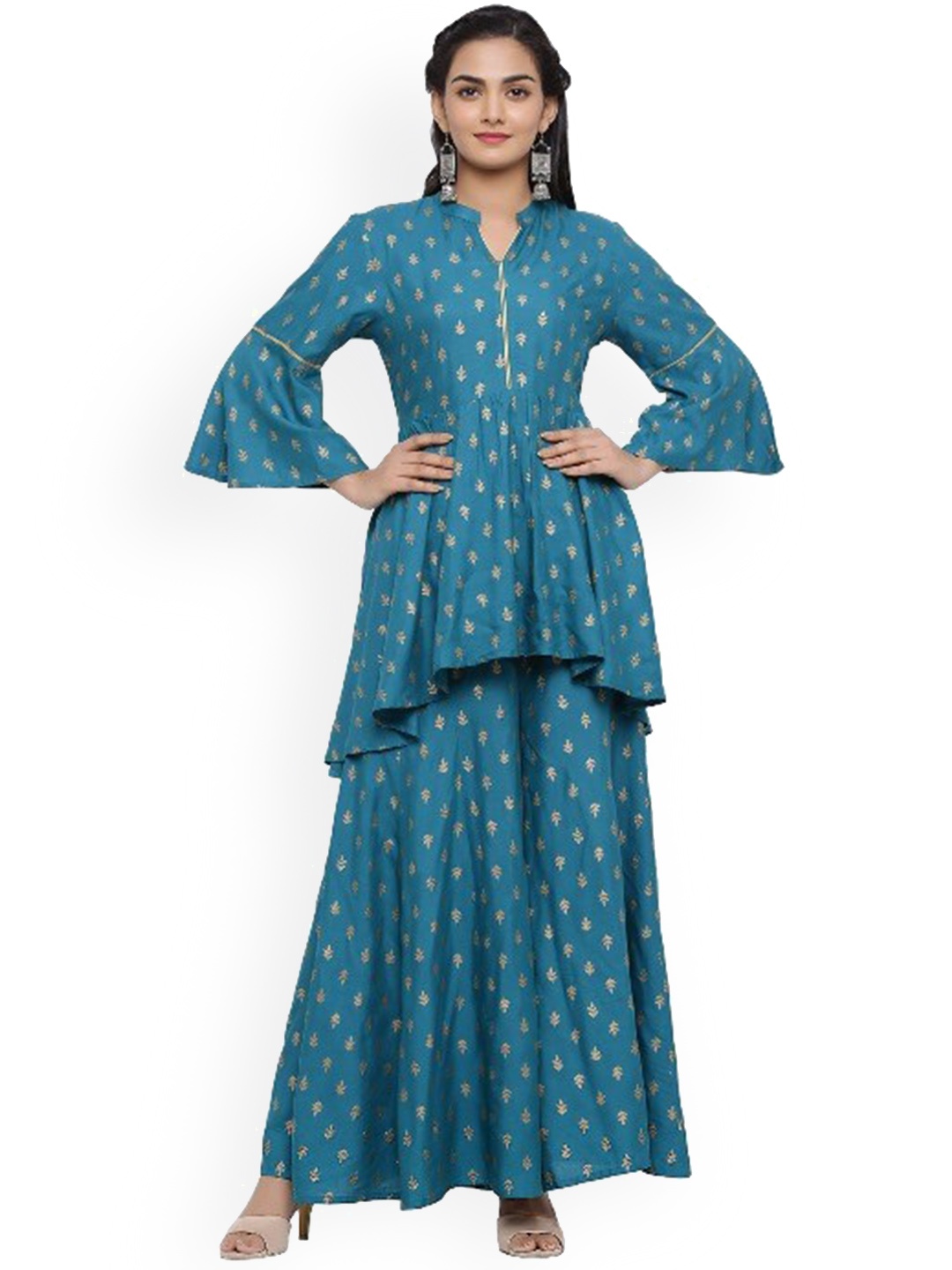 

mirari Women Blue Printed High Slit Kurti with Sharara