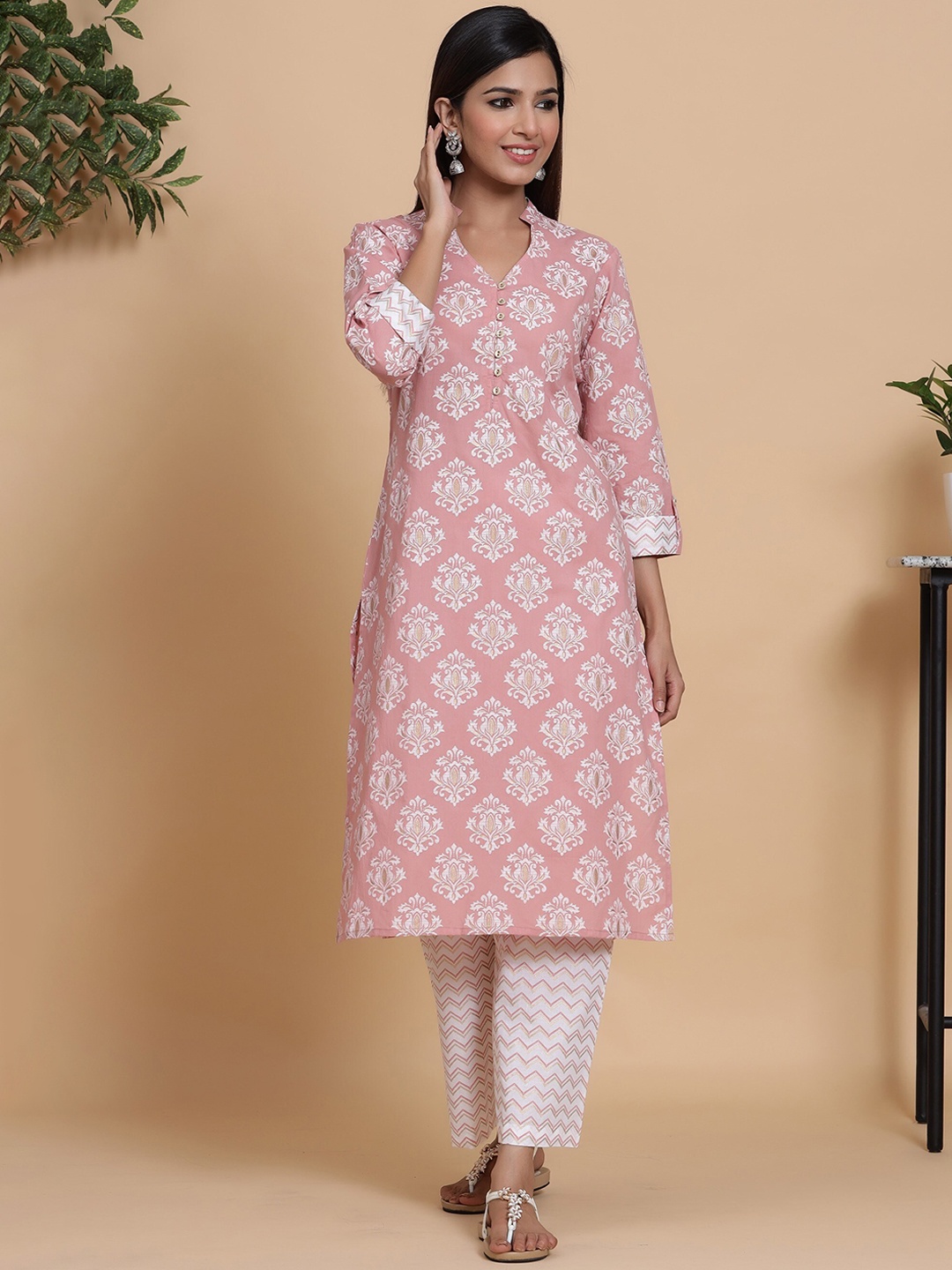 

mirari Women Peach-Coloured Ethnic Motifs Printed Pure Cotton Kurta with Trousers
