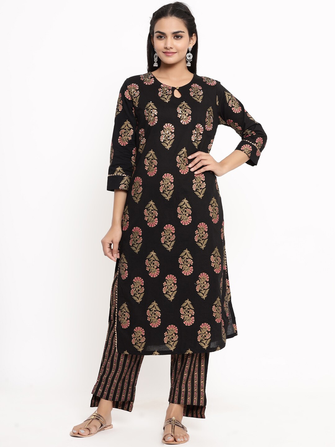 

mirari Women Black Ethnic Motifs Printed Pure Cotton Kurti with Palazzos