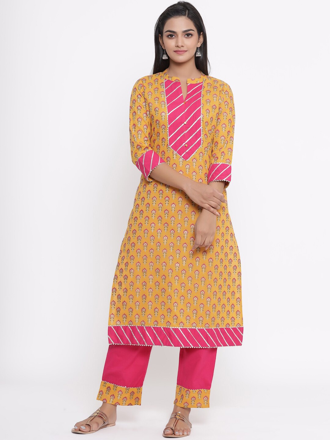 

mirari Women Mustard Yellow Ethnic Motifs Printed Pure Cotton Kurta with Palazzos