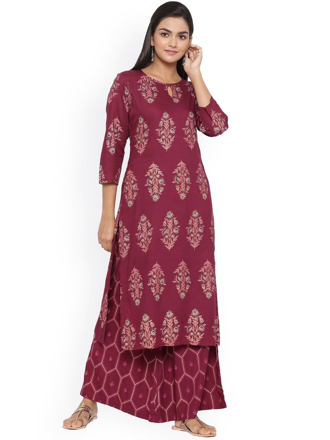 

mirari Women Maroon Floral Printed Pure Cotton Kurti with Sharara