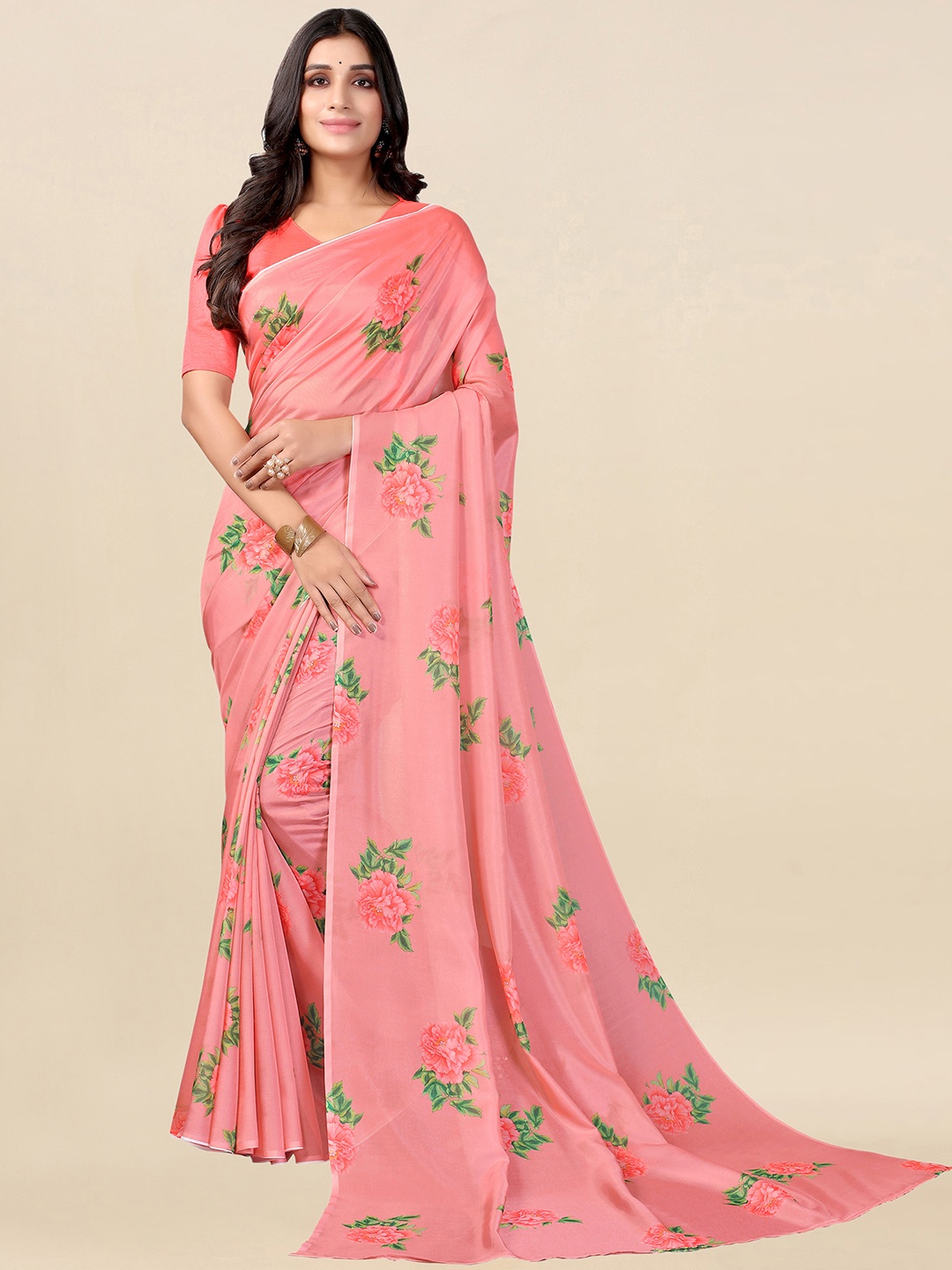 

Satrani Pink & Green Floral Silk Blend Saree