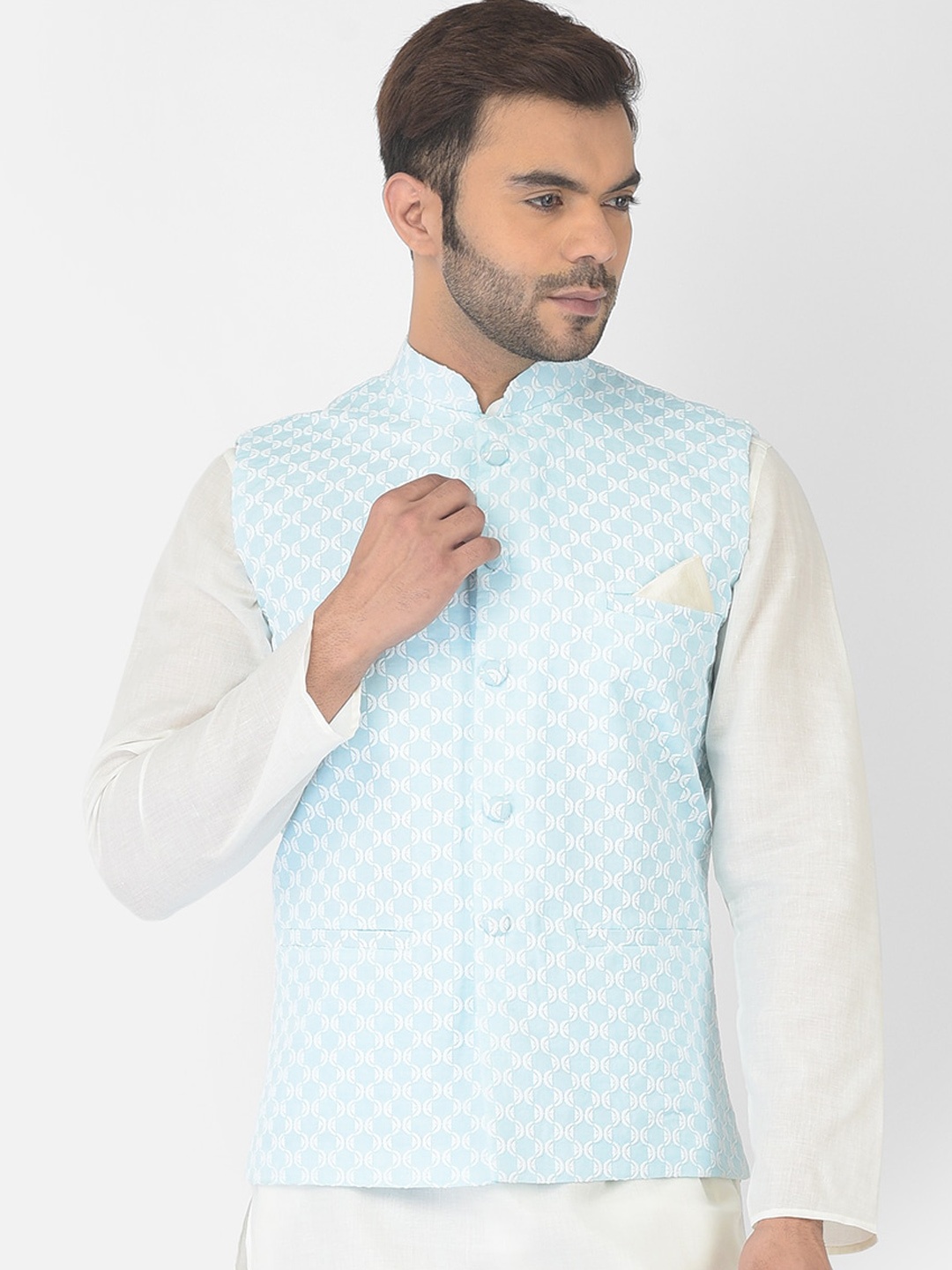 

DEYANN Men Blue Embroidered Pure Cotton Nehru Jacket