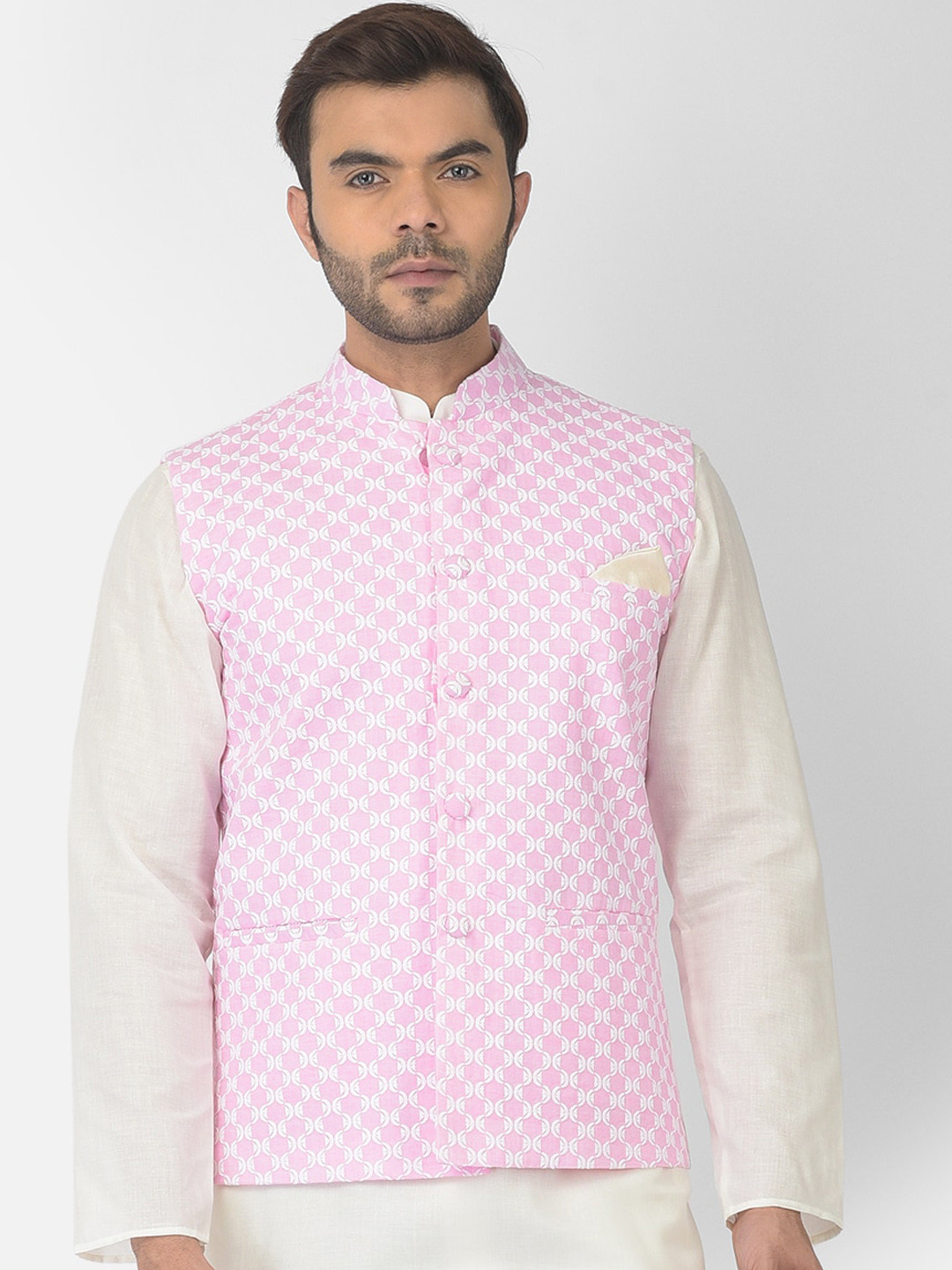 

DEYANN Men Pink & White Printed Pure Cotton Nehru Jacket