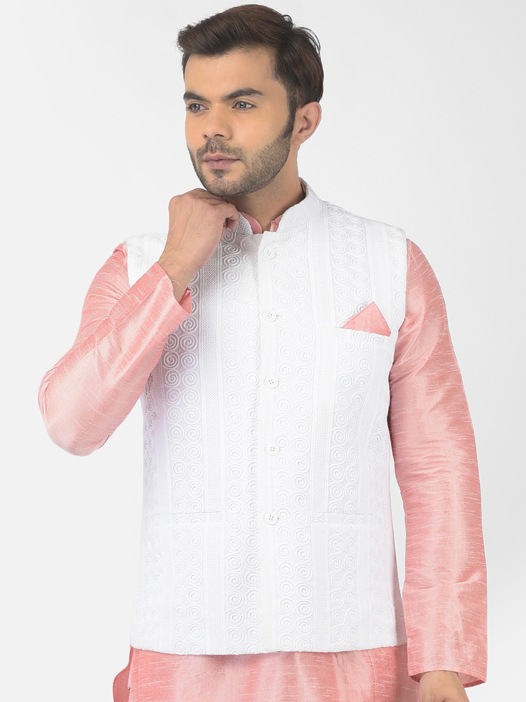 DEYANN Men White Embroidered Woven Pure Cotton Nehru Jackets