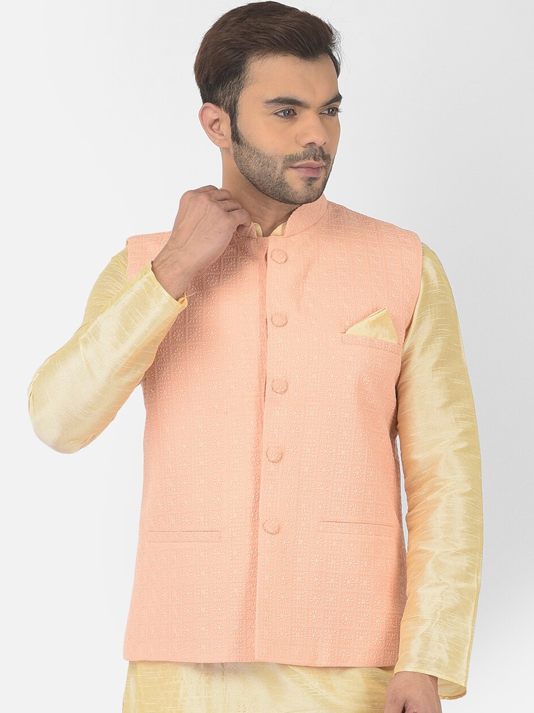 

DEYANN Men Peach-Coloured Embroidered Woven Pure Cotton Nehru Jackets