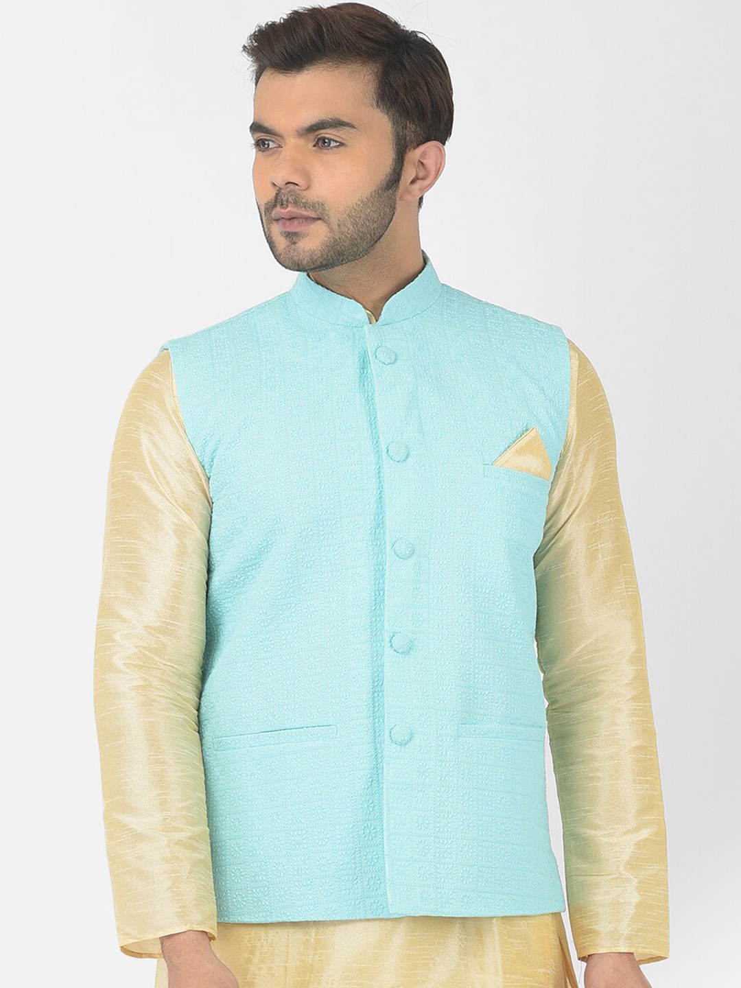 DEYANN Men Blue Chikankari Embroidered Nehru Jackets