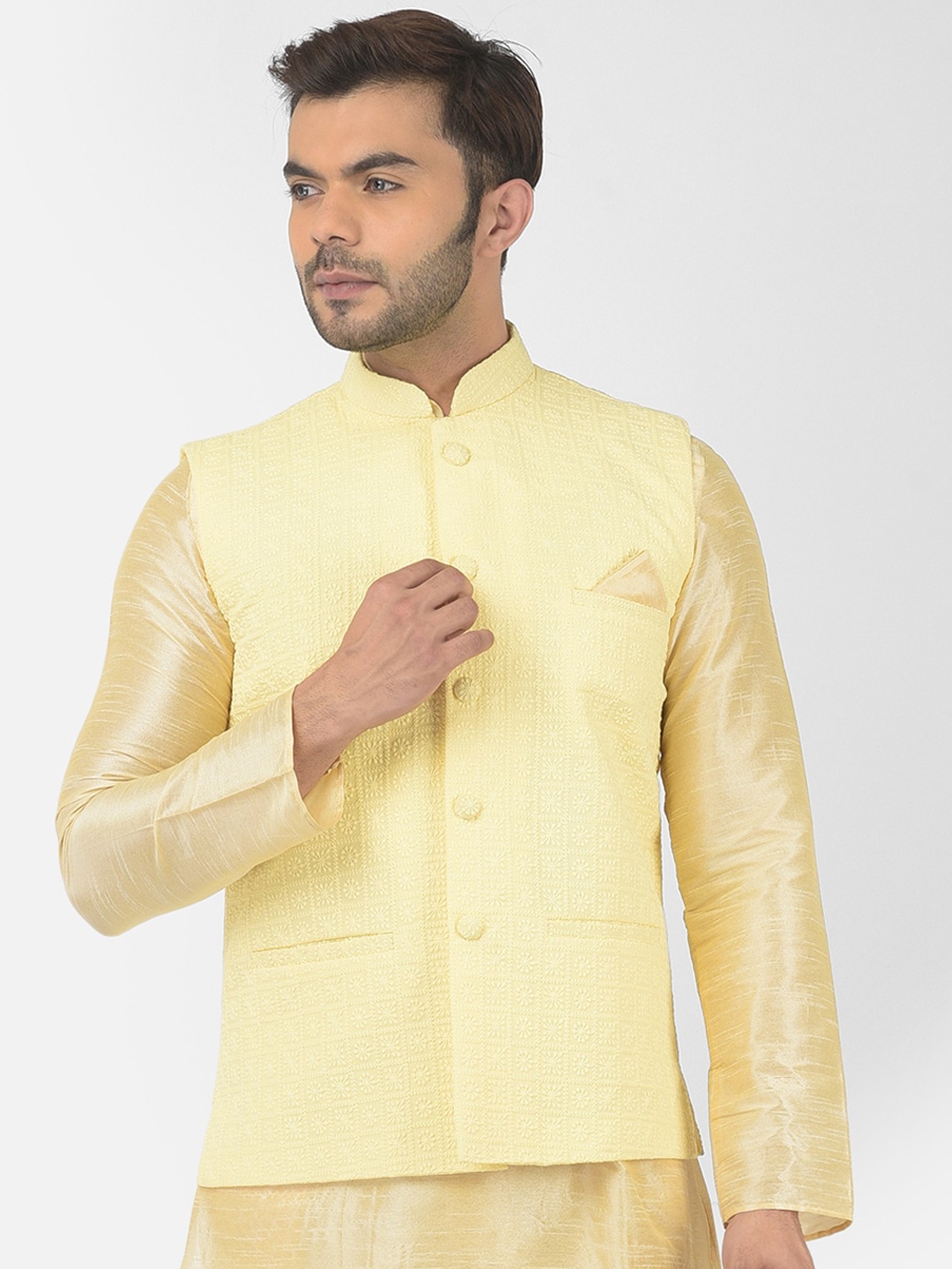 

DEYANN Men Yellow Chikankari Embroidered Woven-Design Pure Cotton Nehru Jackets