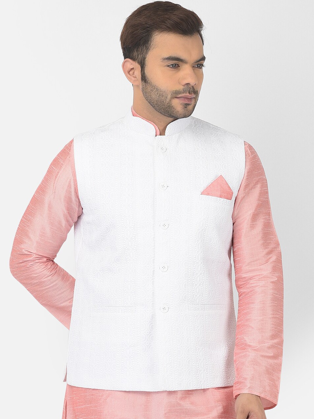 

DEYANN Men White Embroidered Pure Cotton Nehru Jackets