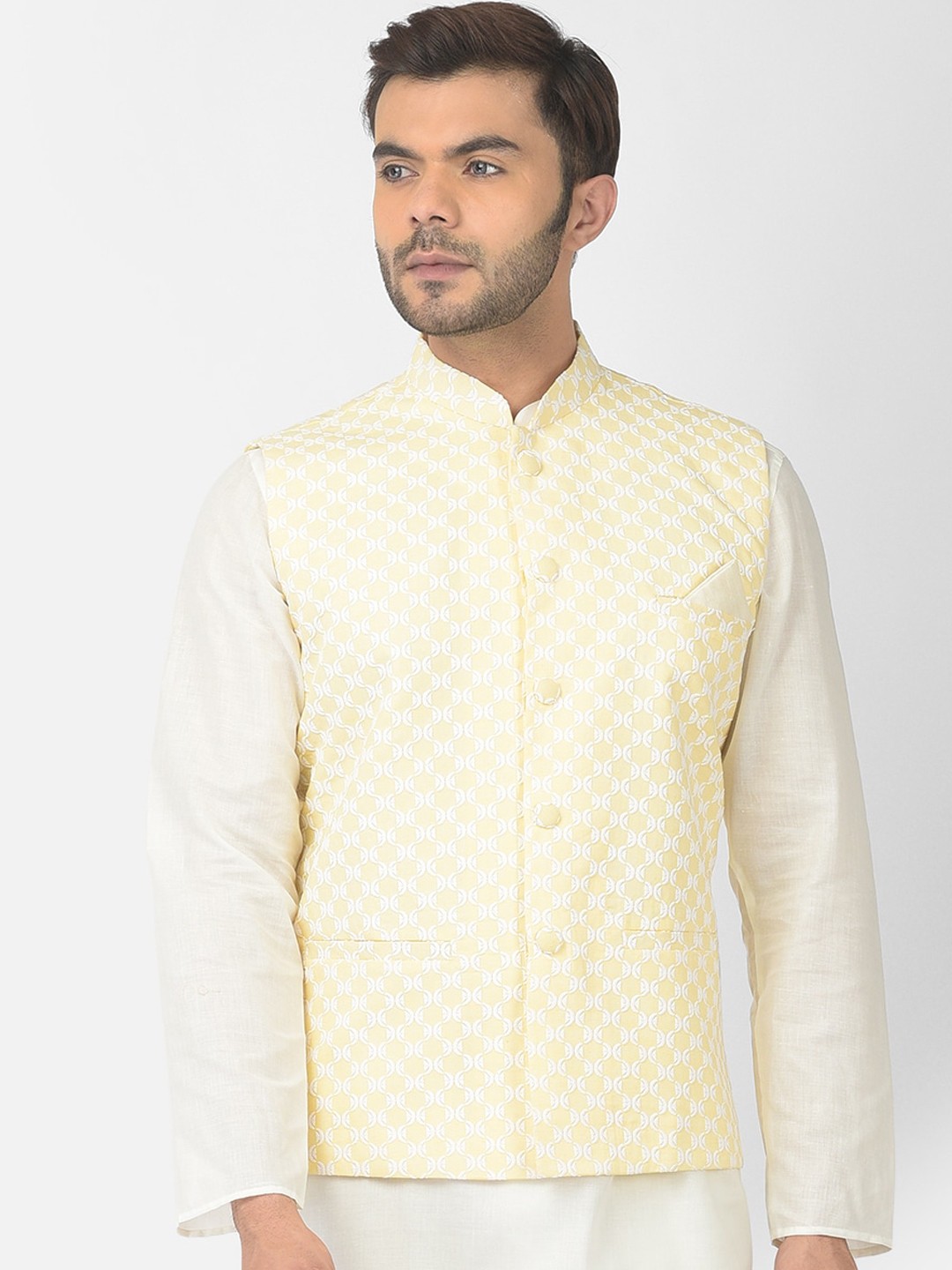 

DEYANN Men Yellow & White Embroidered Pure Cotton Woven Nehru Jacket