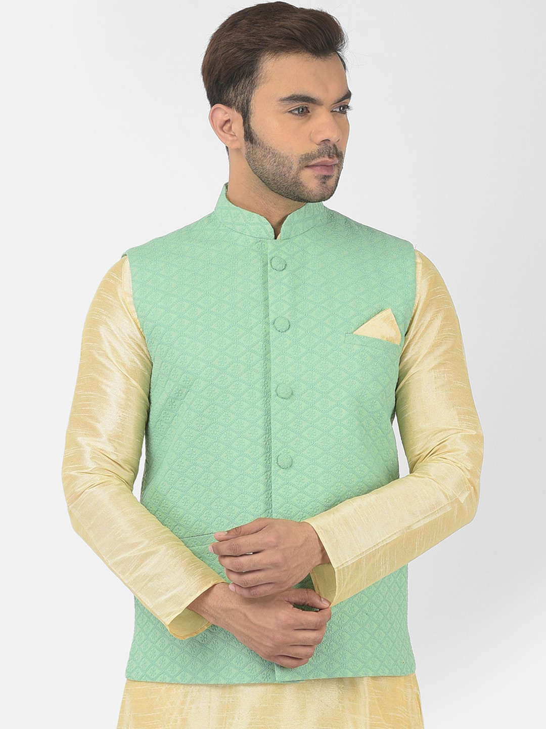 

DEYANN Men Green Embellished Pure Cotton Nehru Jackets