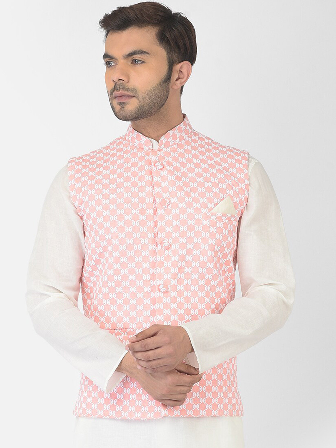 

DEYANN Men Peach-Coloured & White Embroidered Woven Pure Cotton Nehru Jackets