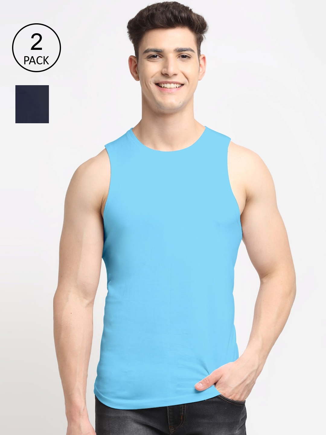 

Friskers Men Pack Of 2 Solid Pure Cotton Innerwear Gym Vests, Navy blue