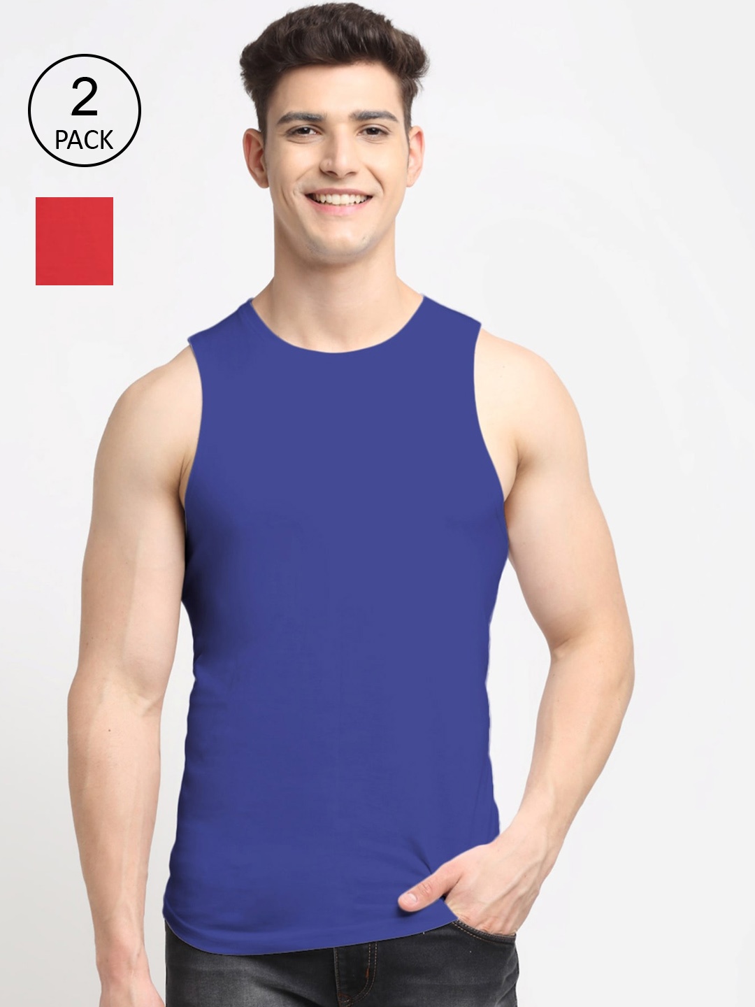 

Friskers Men Pack Of 2 Solid Pure Cotton Innerwear Vests, Red