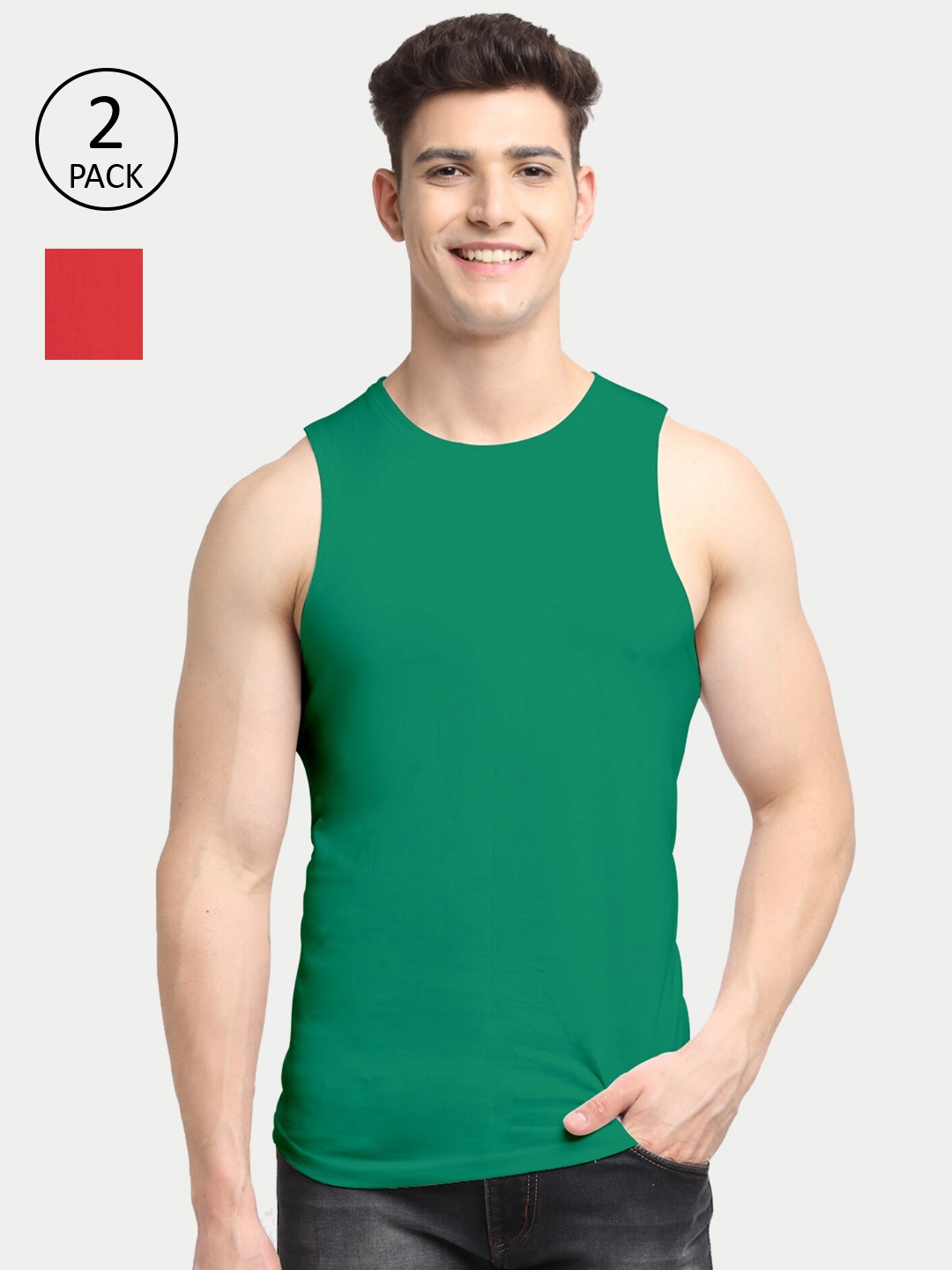 

Friskers Men Pack Of 2 Solid Apple Cut Innerwear Gym Vests, Red