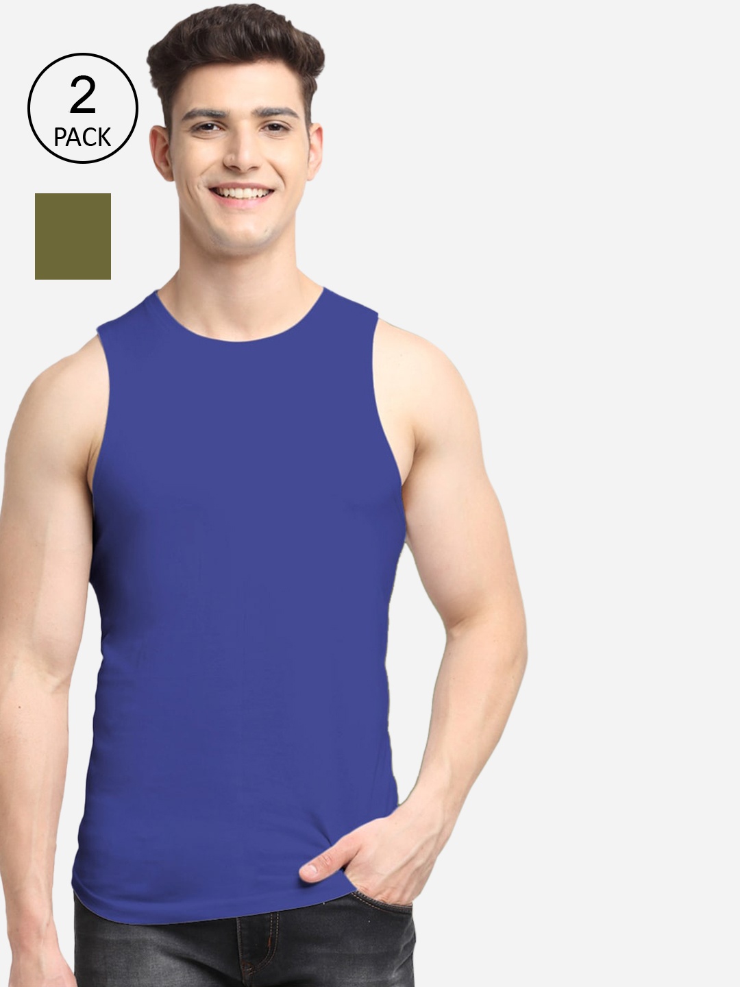 

Friskers Men Pack Of 2 Solid Pure Cotton Basic Innerwear Vest, Blue