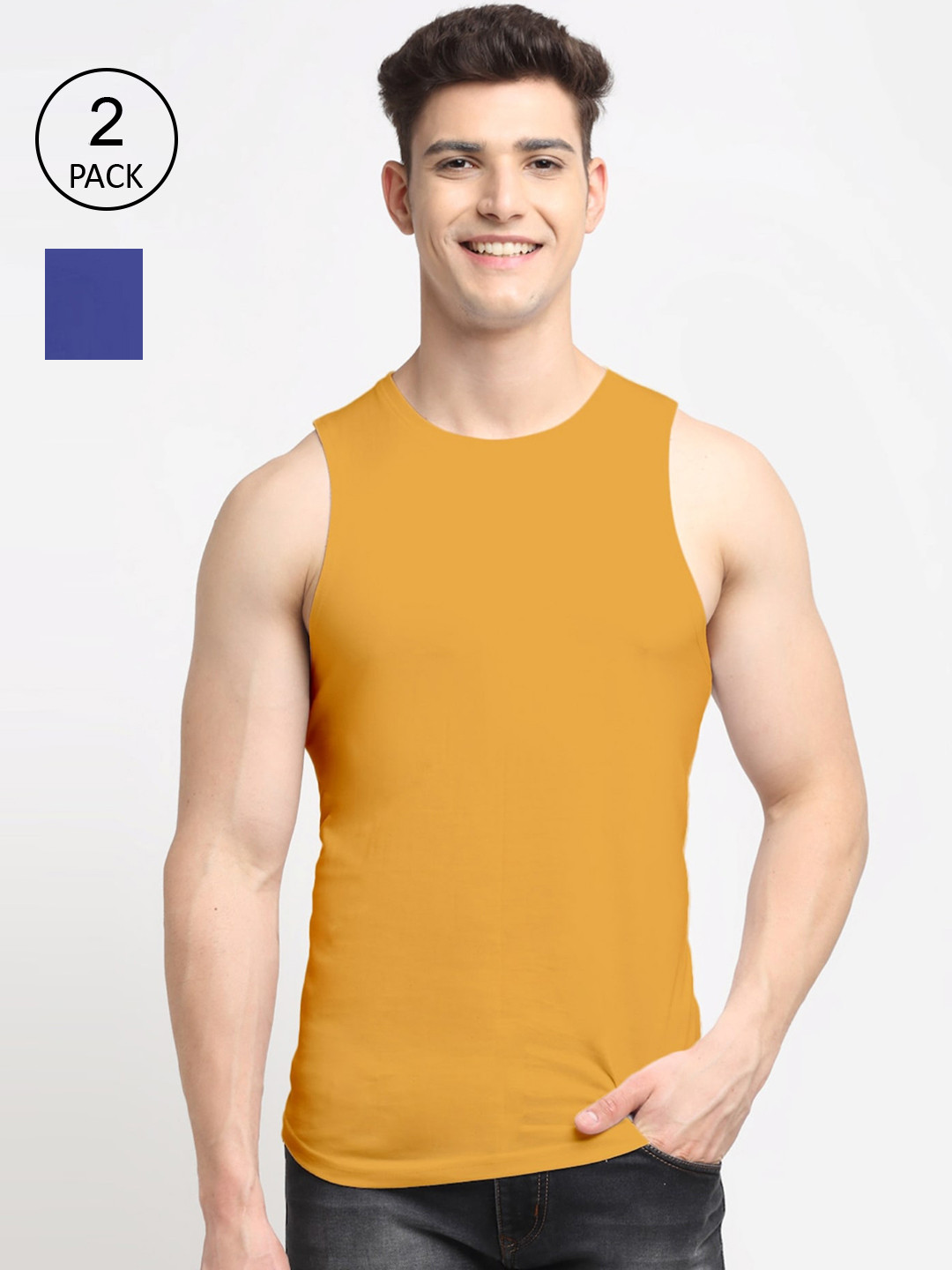 

Friskers Men Pack of 2 Blue & Gold Colored Solid Cotton Gym Vest