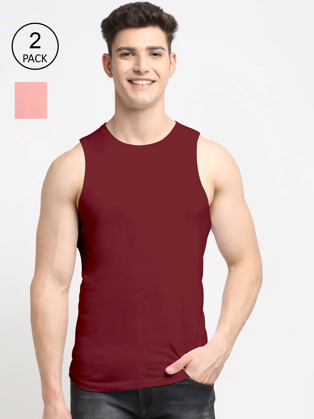 Friskers Men Pack Of 2 Solid Pure Cotton Innerwear Gym Vests, Maroon